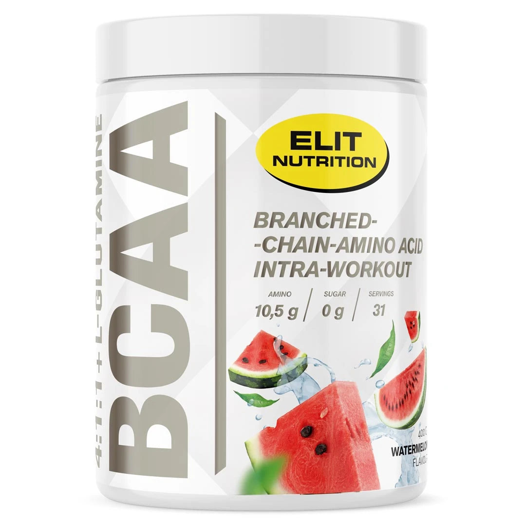 Elit Nutrition BCAA 4:1:1 + L-glutamine 400 g aminosyrapulver i en vit burk med illustrationer av vattenmelon för smaken Watermelon., bild 3 av 4
