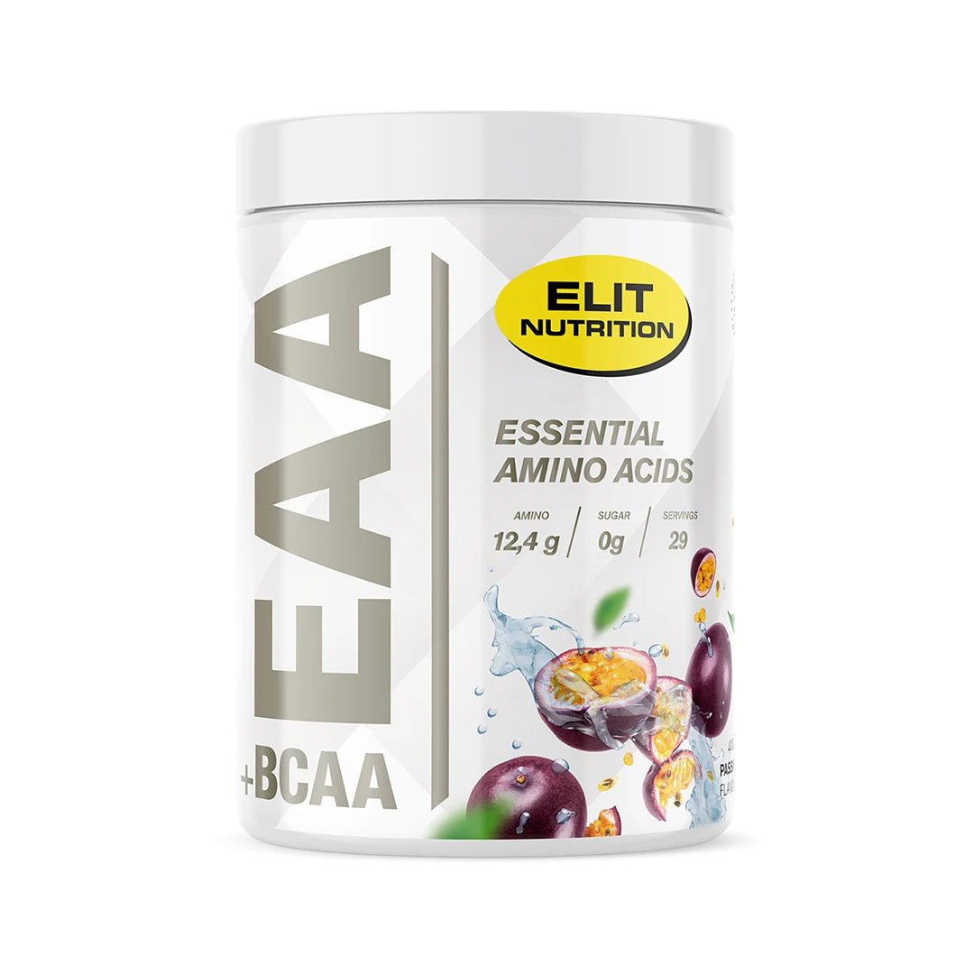 Elit Nutrition BCAA 4:1:1 + L-glutamine 400 g aminosyror i en vit burk med illustration av passionsfrukt.