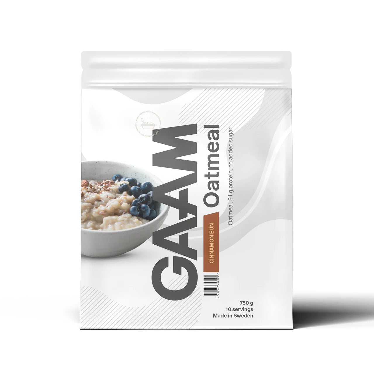 GAAM Oatmeal 750 g proteingröt i en vit påse med grå och bruna detaljer för smaken Cinnamon Bun.