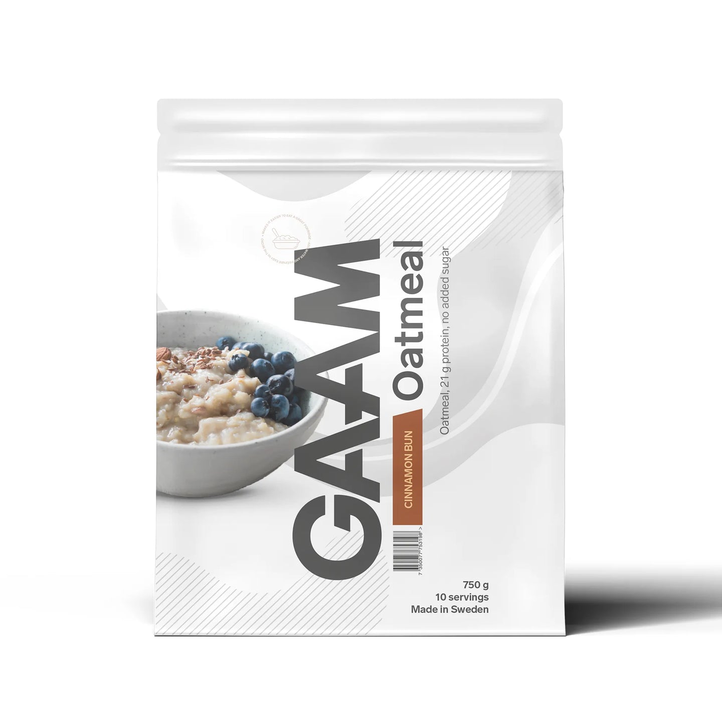 GAAM Oatmeal 750 g proteingröt i en vit påse med grå och bruna detaljer för smaken Cinnamon Bun., bild 2 av 2