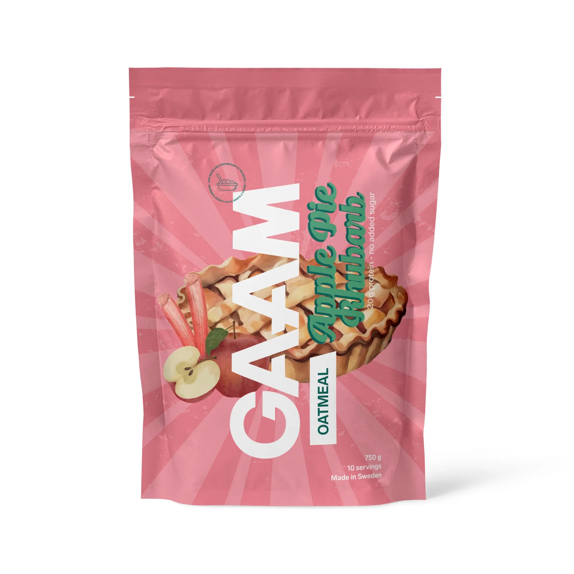 GAAM Oatmeal 750 g snabbgröt i en mönstrad rosa påse med en pajillustration för smaken Apple Rhubarb Pie., bild 1 av 2