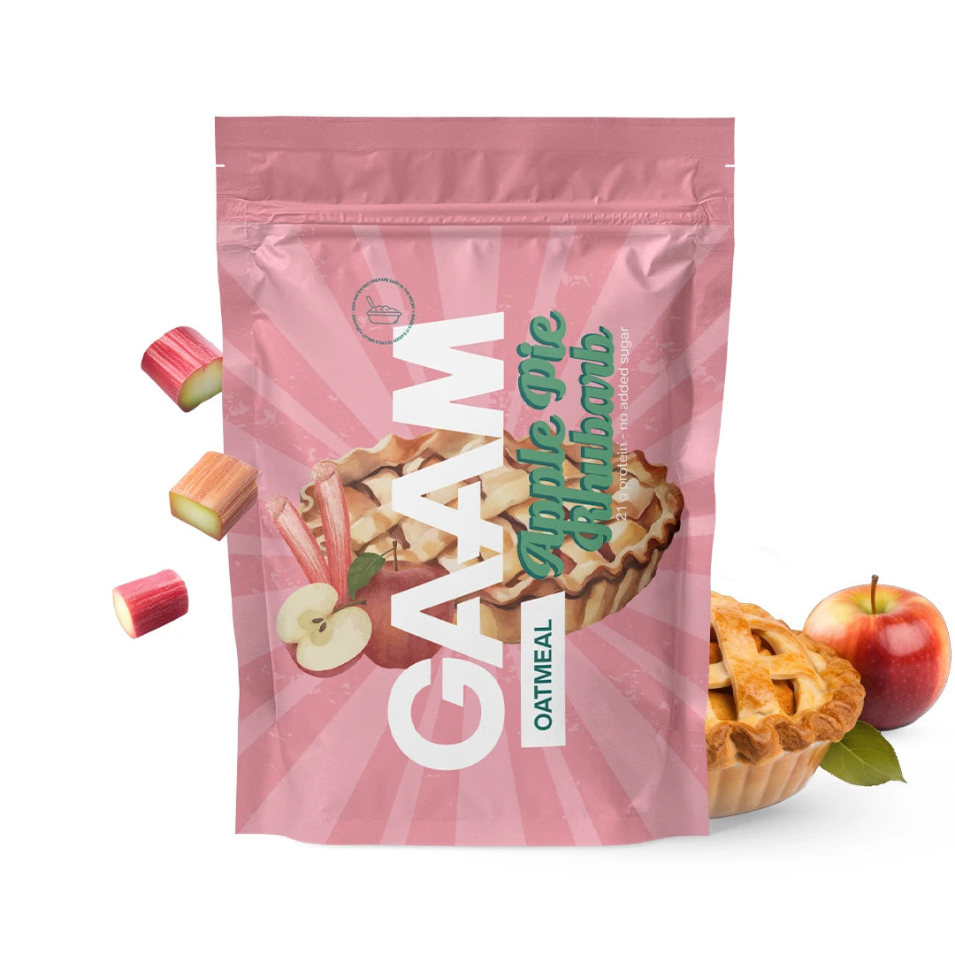 GAAM Oatmeal 750 g proteingröt i en rosa påse med motiv och text för smaken Apple Rhubarb Pie.