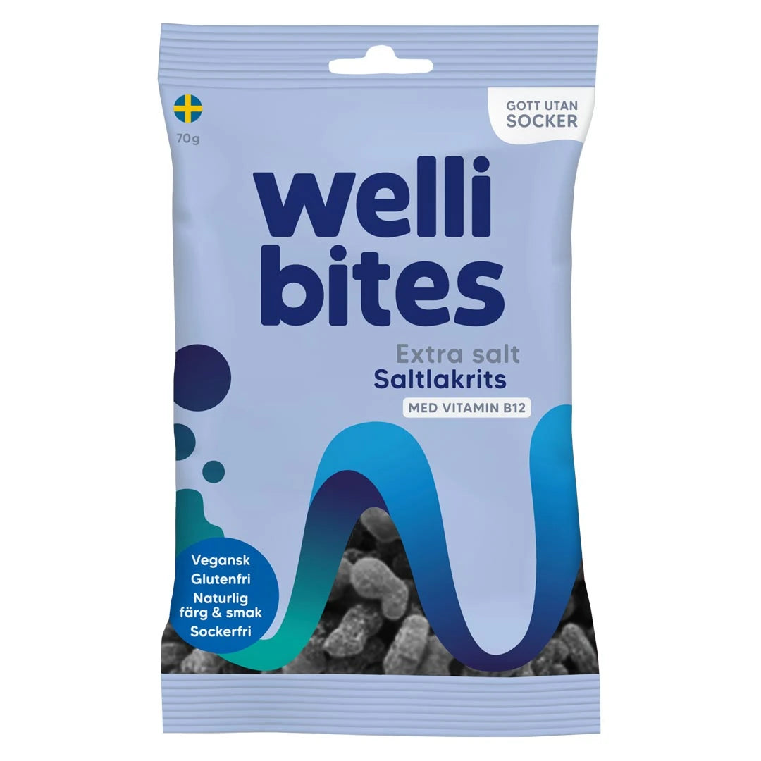 Wellibites Candy 70 g sockerfritt godis i en ljusblå påse för smaken Extra salt saltlakrits., bild 11 av 12