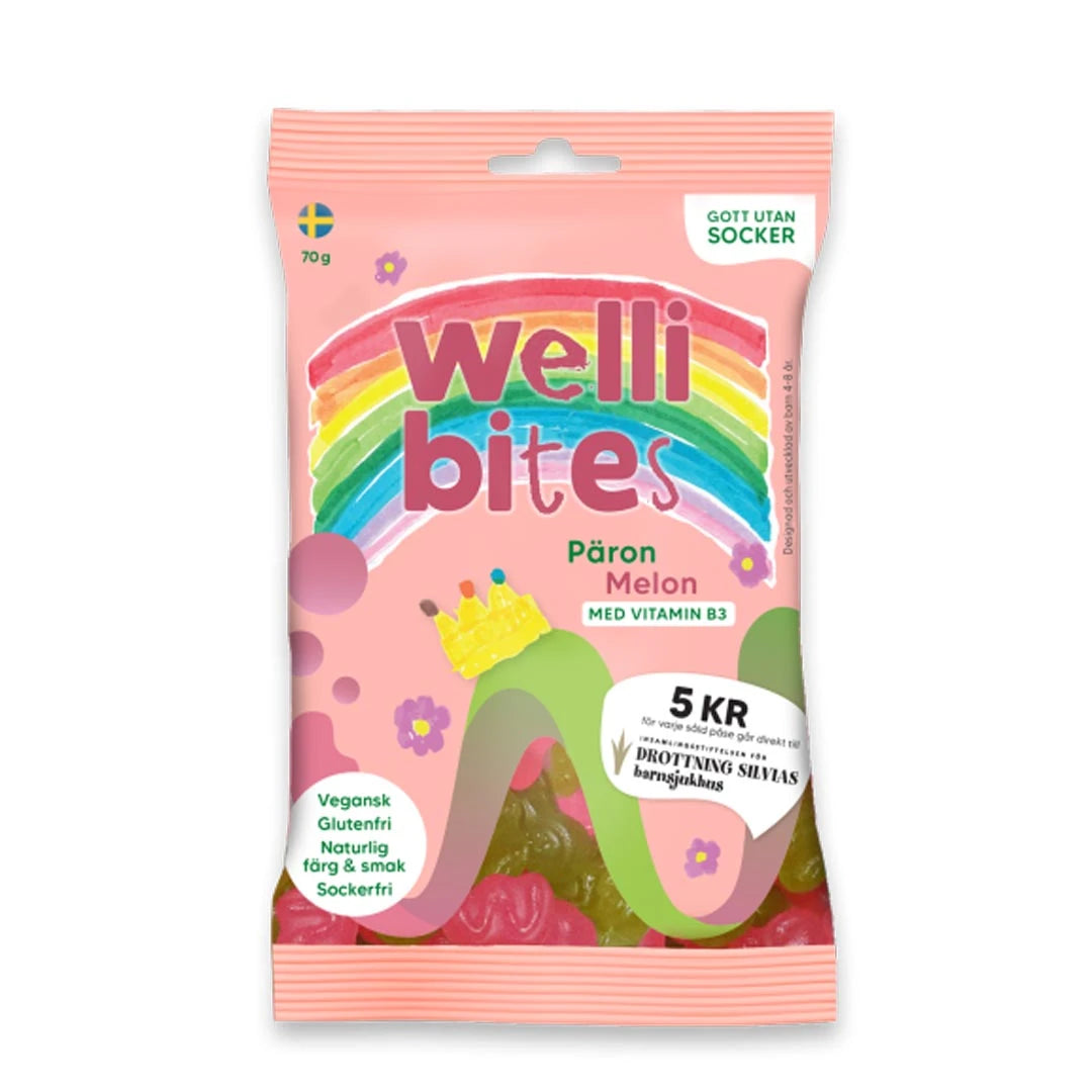Wellibites Candy 70 g sockerfritt godis i en rosa påse för smaken Päron Melon.