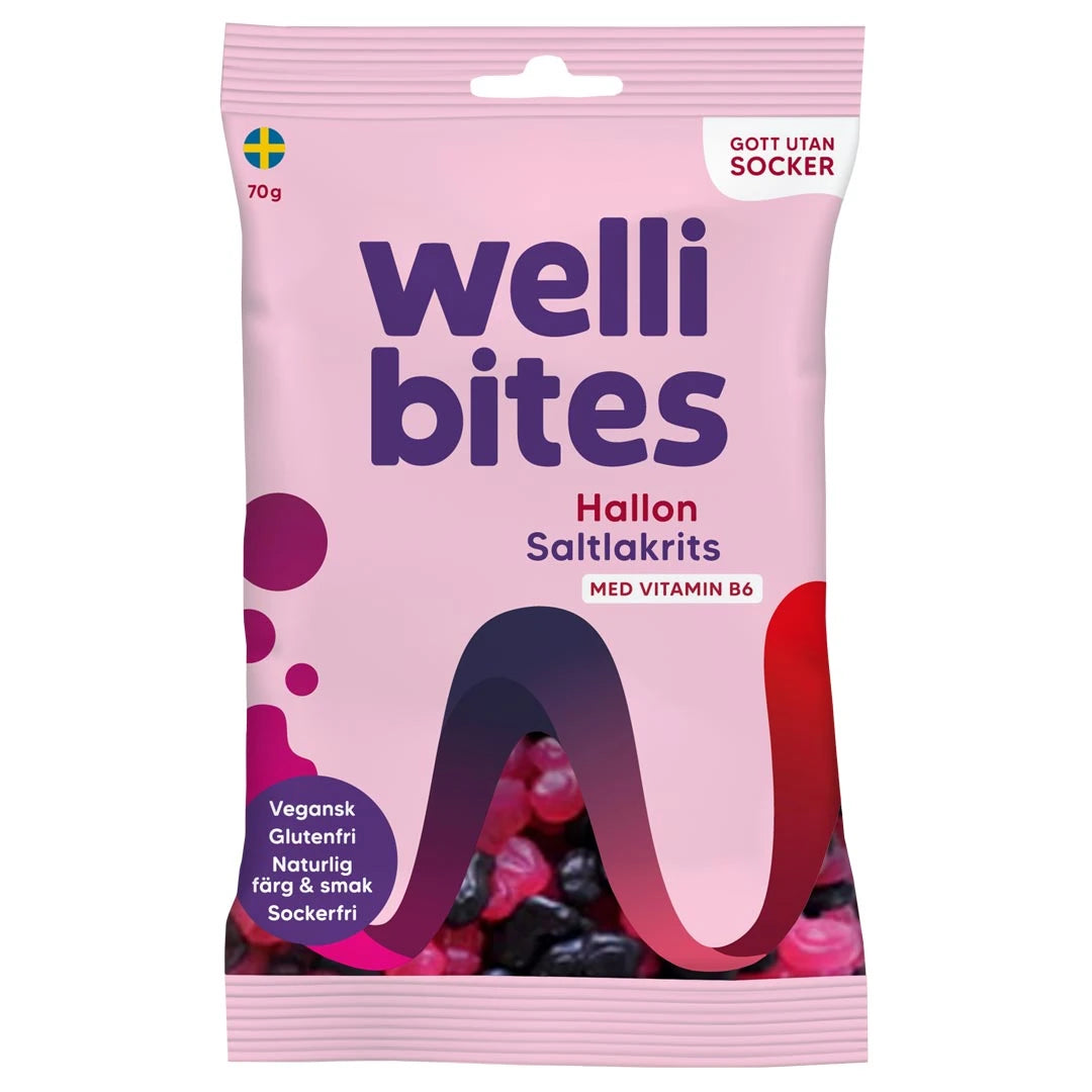 Wellibites Candy 70 g sockerfritt godis i en ljusrosa påse med smaken Hallon Saltlakrits.