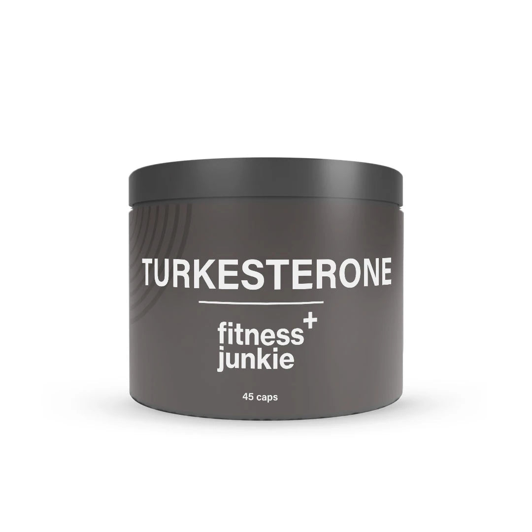 fitnessjunkie Turkesterone 45 caps förpackad i en stilren mörkgrå burk med vit text.