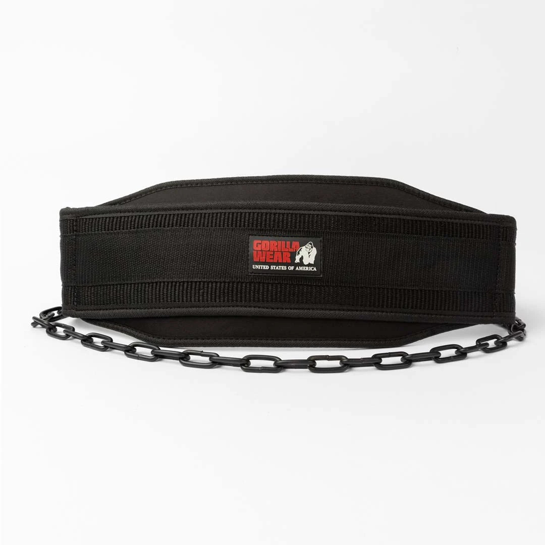 Svart Gorilla Wear GW Nylon Dip Belt i slitstarkt material, utrustat med en robust svart stålkedja för extra vikter.