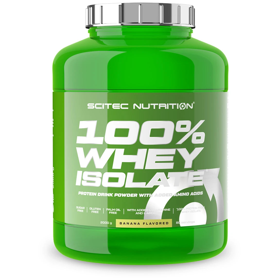 Scitec Nutrition 100% Whey Isolate 2 kg proteinpulver i en stor grön burk med smak av banan.
