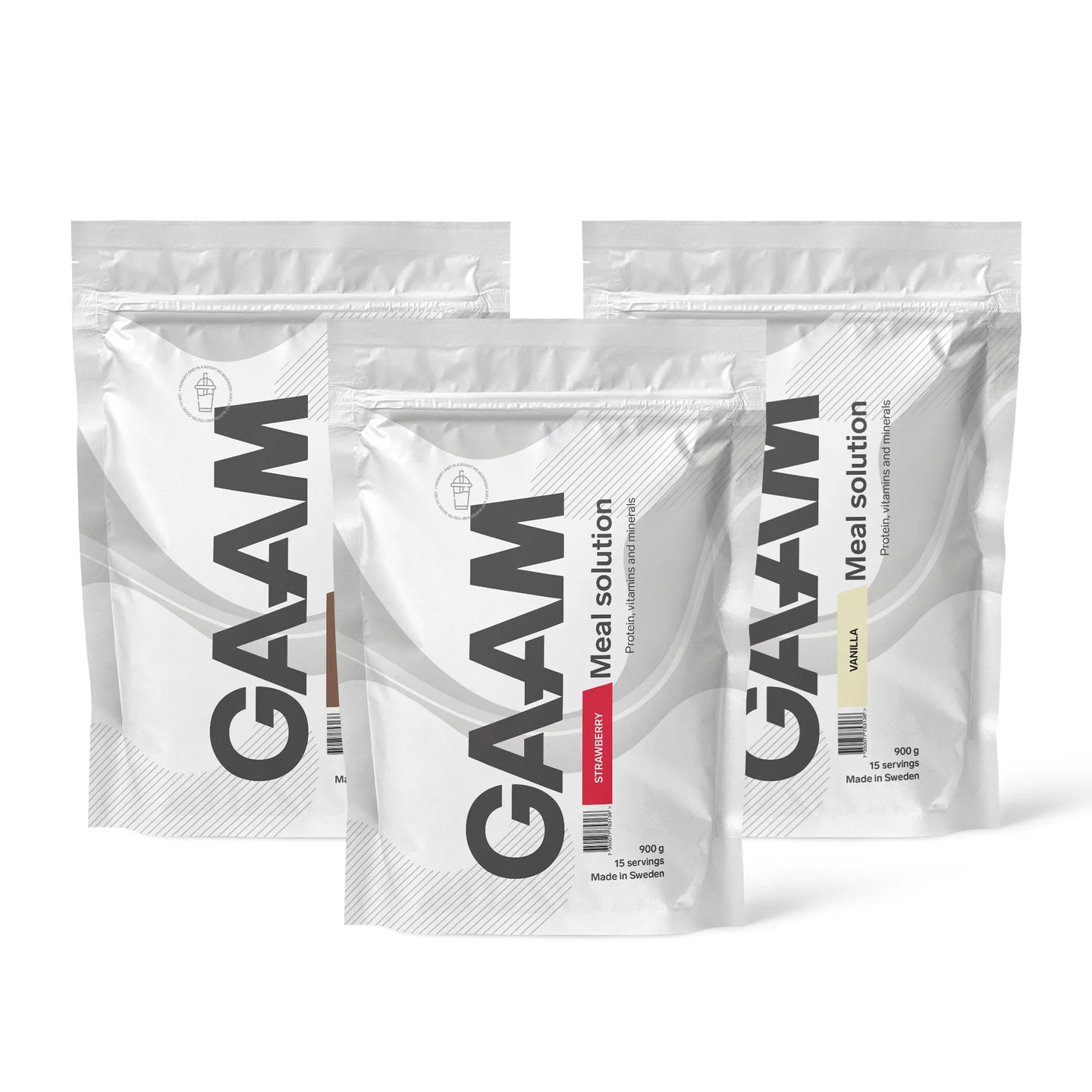 Tre vita påsar av 3 x GAAM Meal Solution 900 g Måltidsersättning med smakerna Strawberry, Vanilla och choklad.