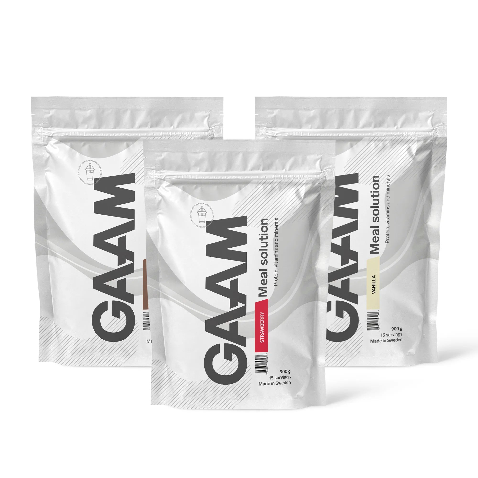Tre vita påsar av 3 x GAAM Meal Solution 900 g Måltidsersättning med smakerna Strawberry, Vanilla och choklad.