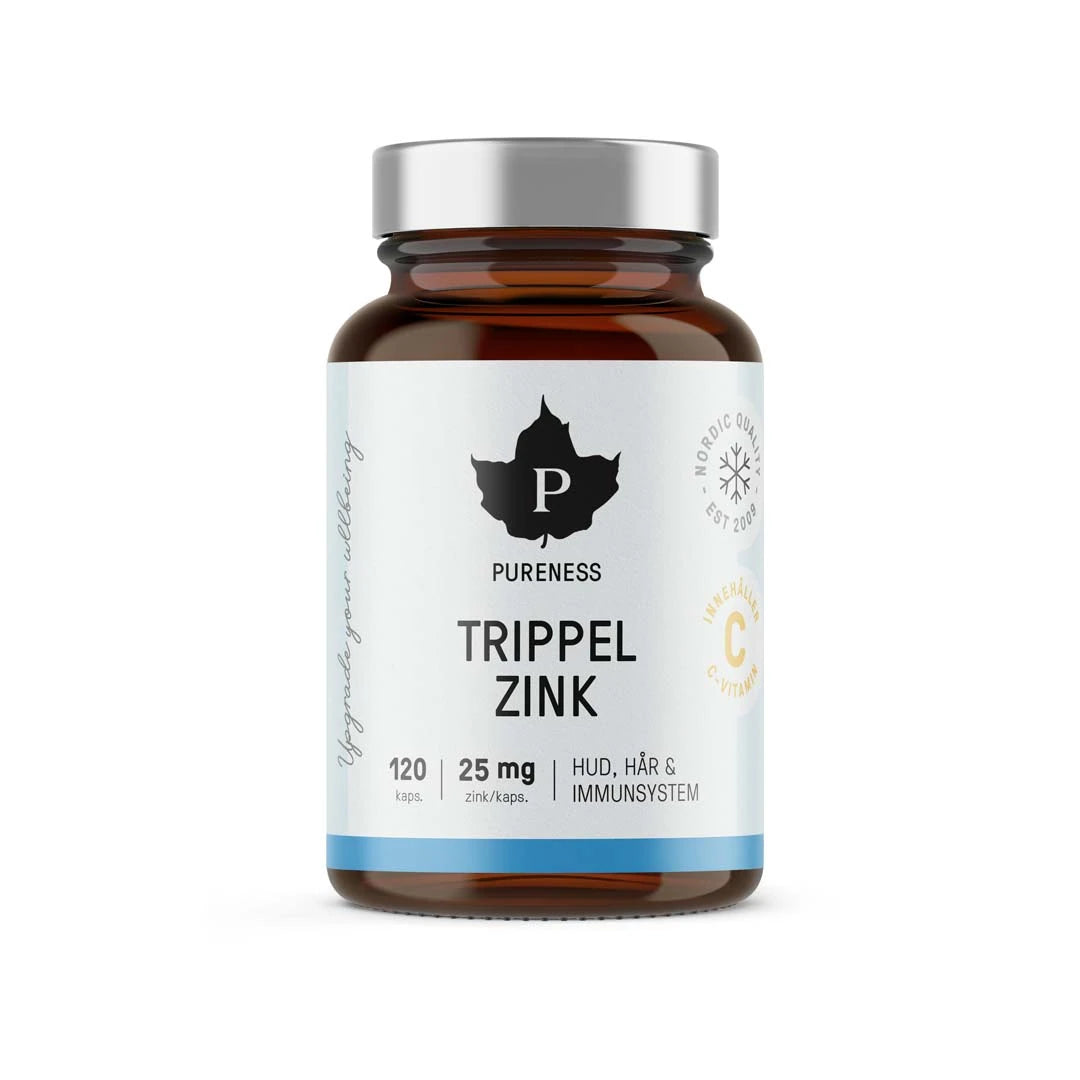 Pureness Trippel Zink 120 caps kosttillskott i en brun glasburk med vit etikett och silverfärgat lock.