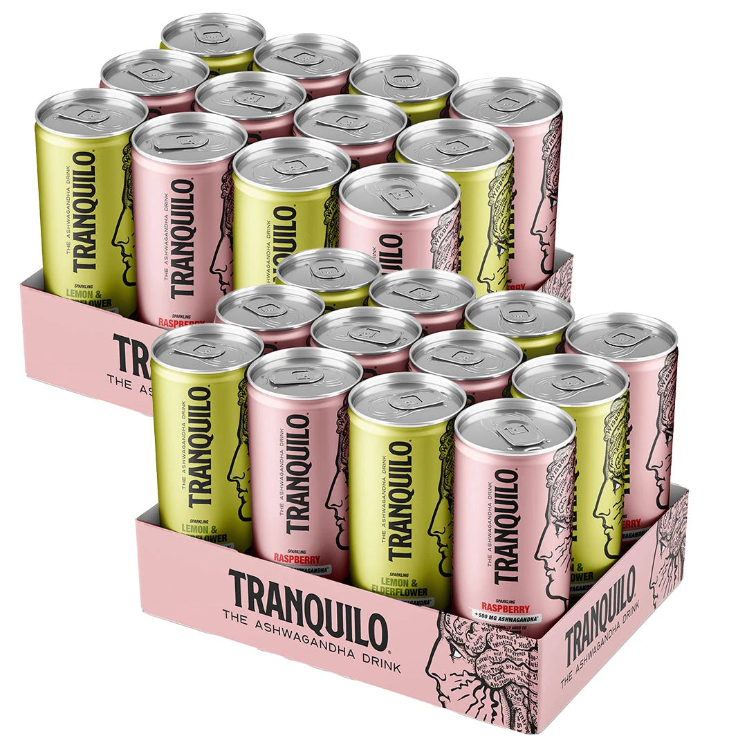 24 x Tranquilo 330 ml Mixflak i ett rosa flak innehållande rosa och gula burkar med ansiktsillustrationer.