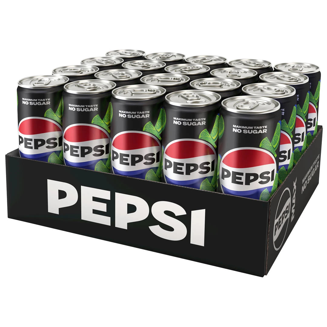 20 x Pepsi MAX 330 ml Lime i en svart låda med svarta läskburkar dekorerade med gröna limeblad.