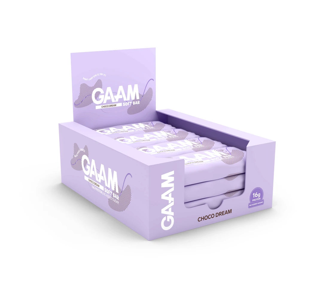 12 x GAAM Soft bar 45 g Choco Dream i en ljuslila kartong fylld med matchande lila bars.