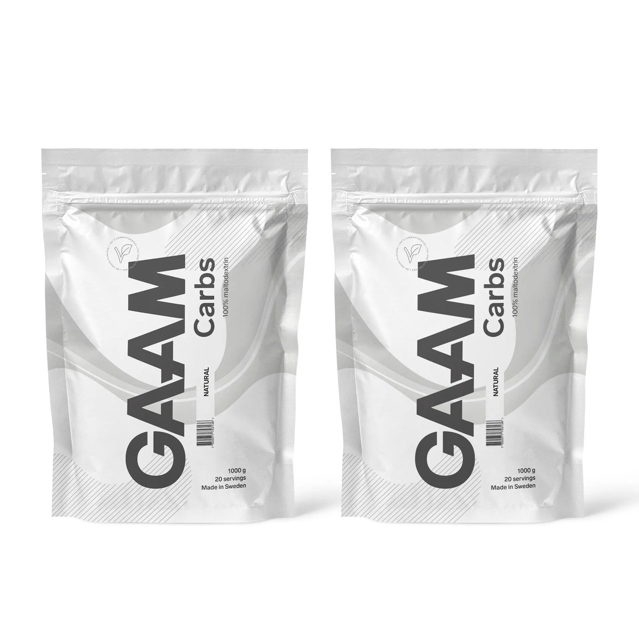 2 x GAAM Carbs - 100% Maltodextrin 1 kg i två vita påsar med grå detaljer för smaken Naturell.