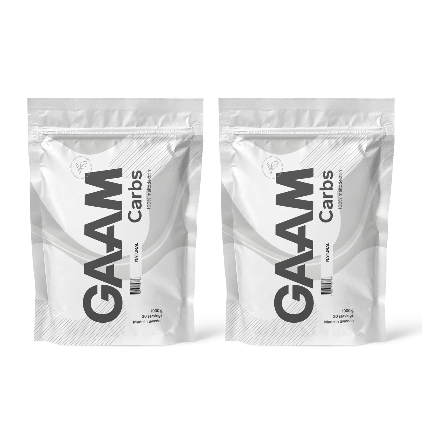 2 x GAAM Carbs - 100% Maltodextrin 1 kg i två vita påsar med grå detaljer för smaken Naturell.