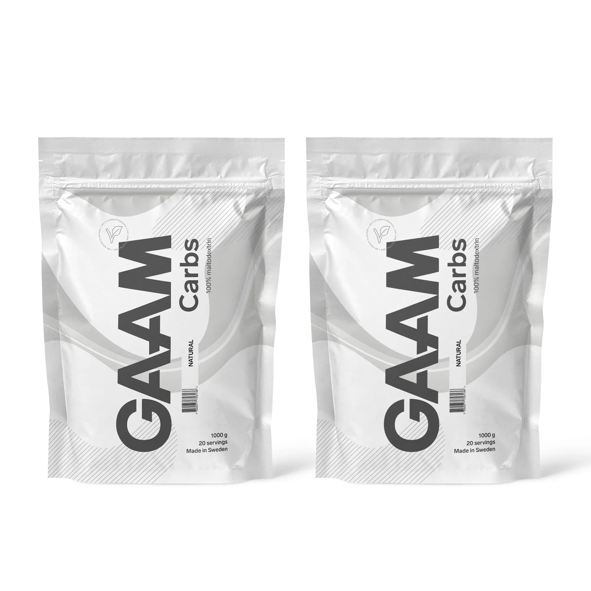 2 x GAAM Carbs - 100% Maltodextrin 1 kg i två vita påsar med grå detaljer för smaken Naturell.