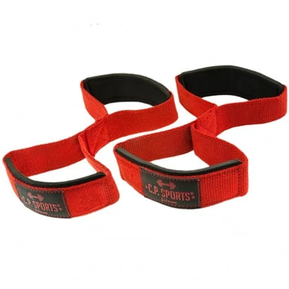 Röda C.P. Sports Figure 8 Straps - Closed Loop Quick Straps Red, ett par dragremmar i bomull med svarta detaljer.