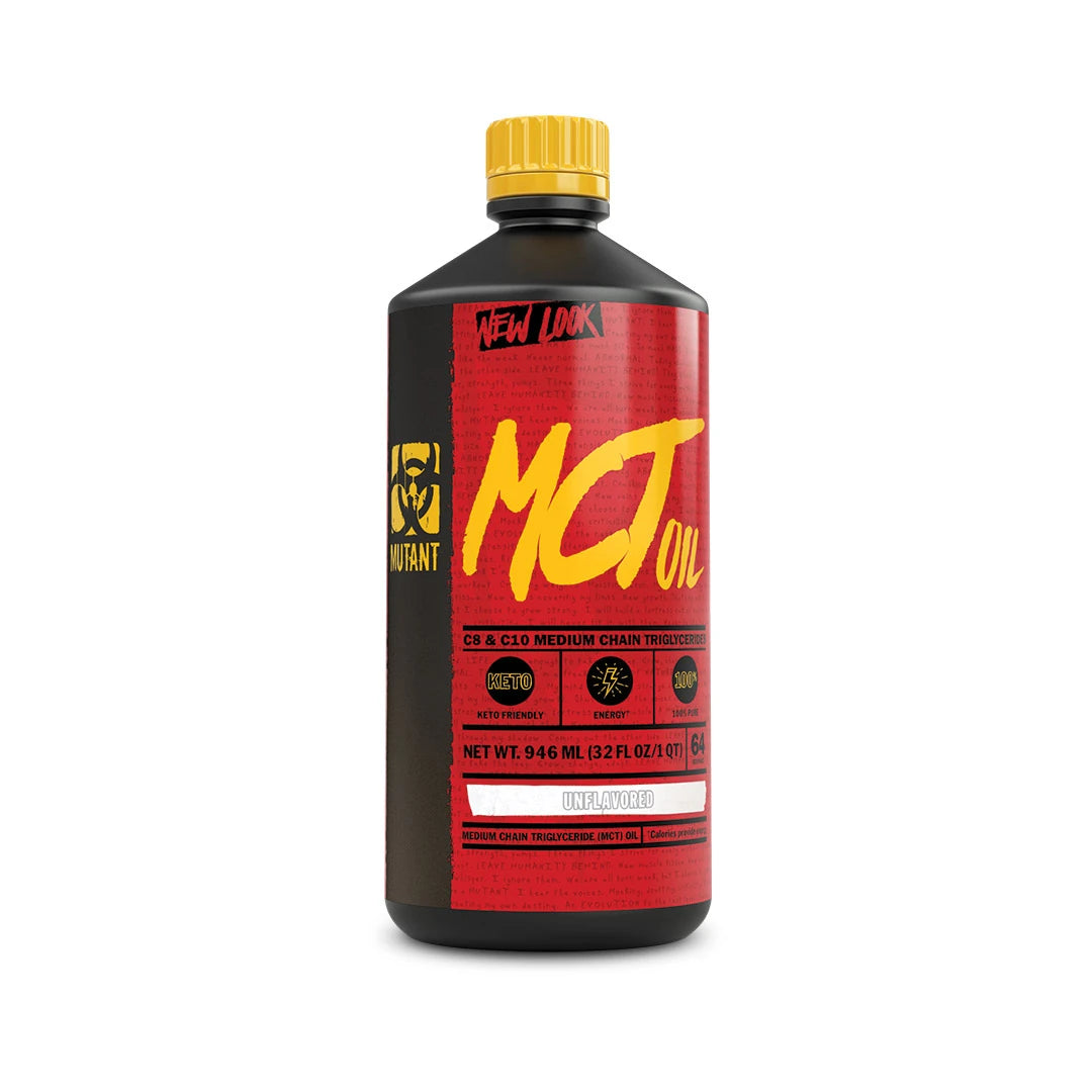 Mutant Nutrition MCT Oil 946 ml i en svart flaska med röd etikett och gul kork.