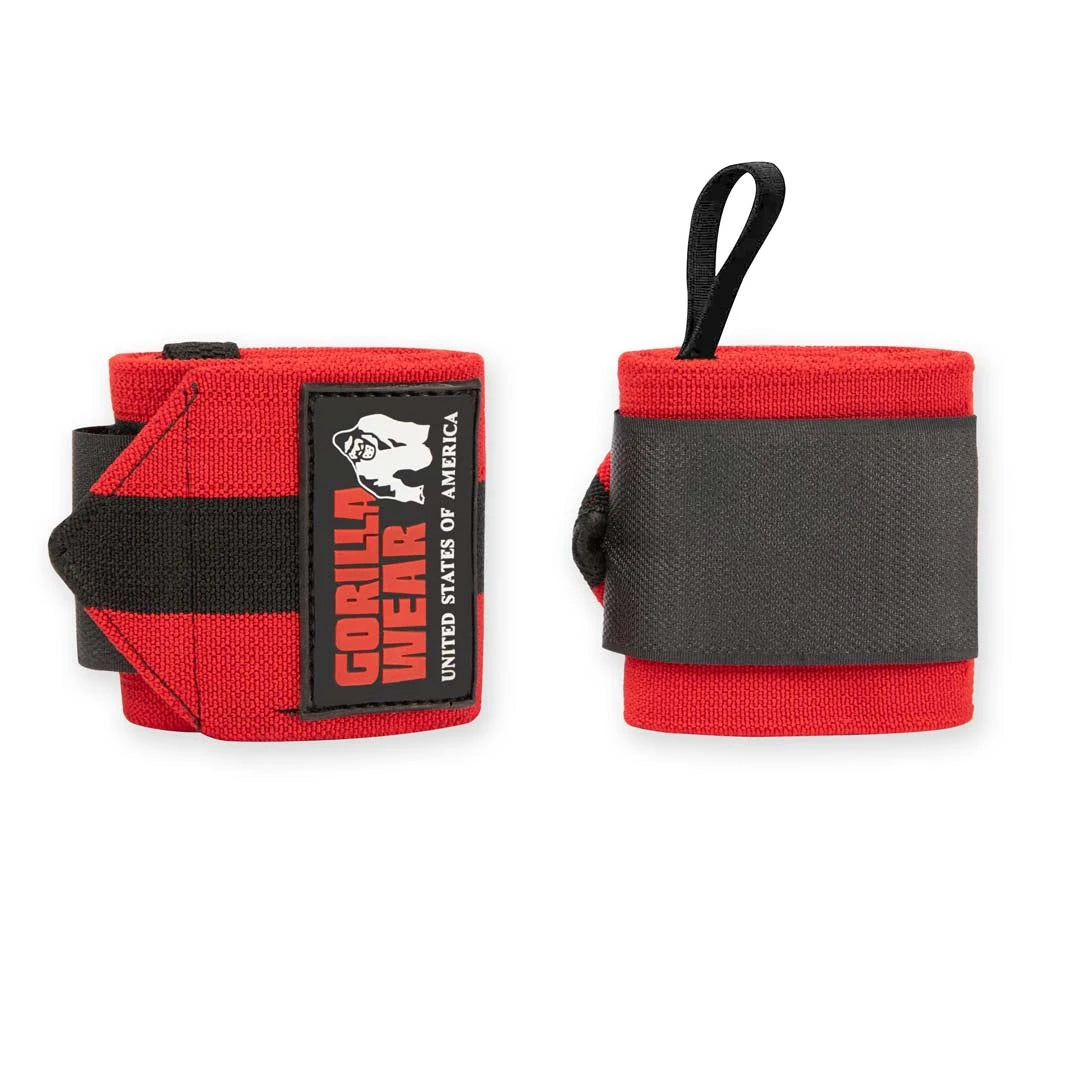 Gorilla Wear Wrist Wraps Ultra Black/Red, elastiska handledslindor i svart och rött med tumöglor för maximalt stöd.