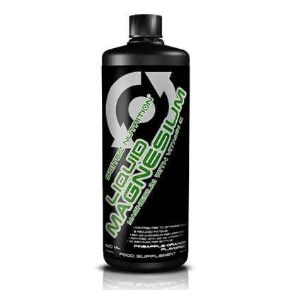 Scitec Nutrition Liquid Magnesium 1000 ml flytande magnesium i en svart flaska med grön och vit text.