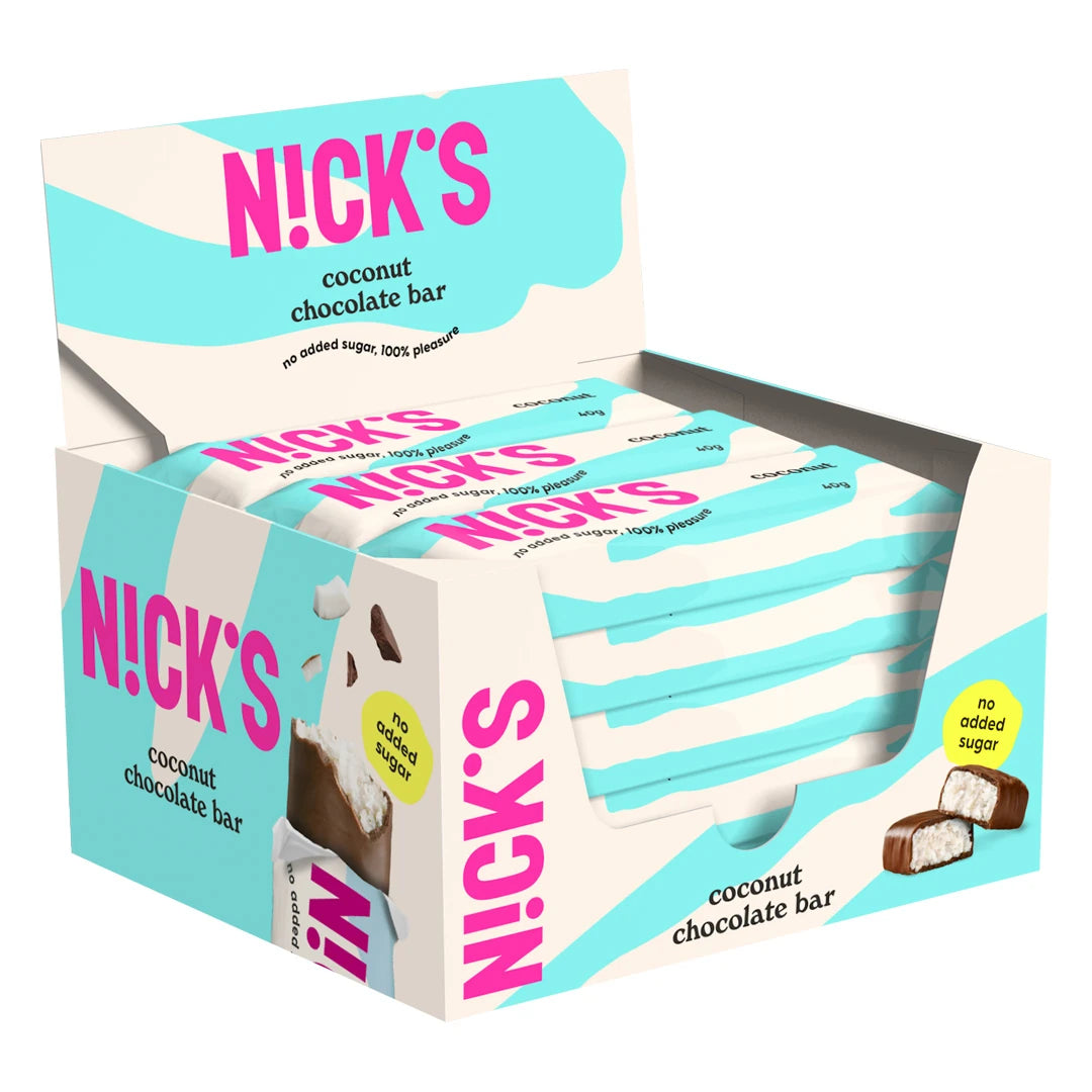 15 x Nicks Coconut 40 g i en ljusblå och vit displaylåda fylld med matchande chokladbars., bild 1 av 1