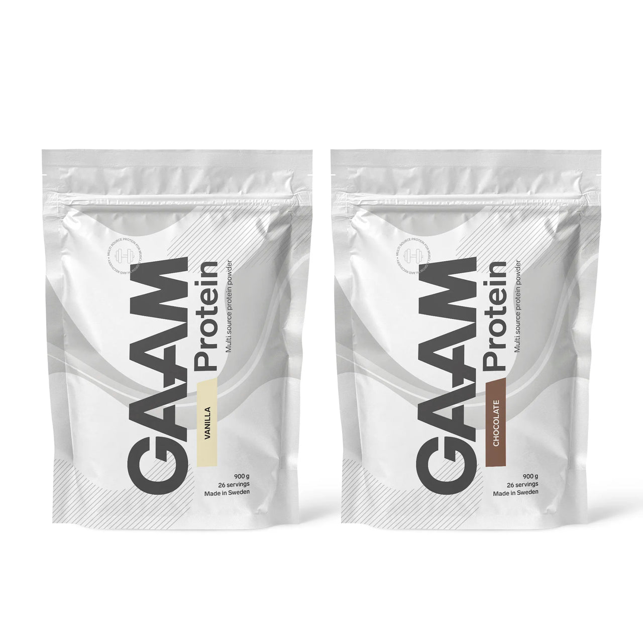 2 x GAAM Protein 900 g proteinpulver i två vita påsar för smakerna Vanilla och Chocolate.