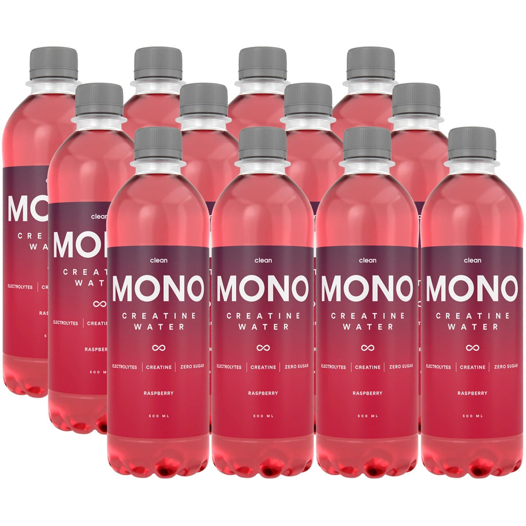 12 x Clean MONO Creatine Water 500 ml Raspberry i klara plastflaskor med mörkrosa etiketter och rosa dryck.