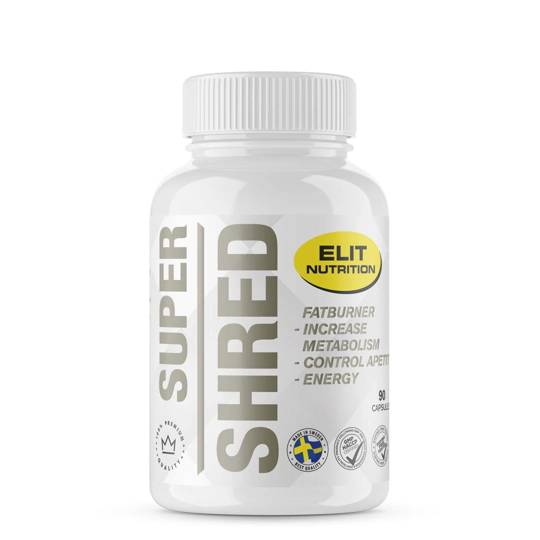 Elit Nutrition Super Shred Fettförbrännare 90 caps förpackad i en vit burk med gula och grå detaljer.