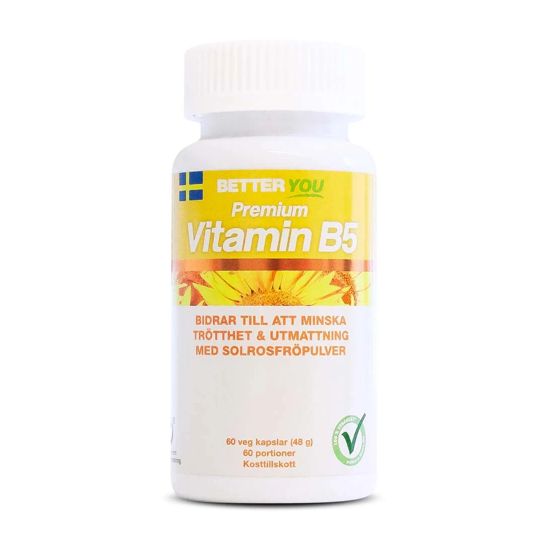 Better You Premium Vitamin B5 60 caps i en vit burk med gul etikett och solrosmotiv.