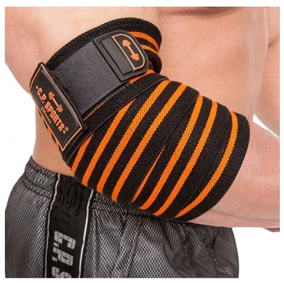 C.P. Sports Elbow Wraps Pro Black White applicerad på en arm, visad här i svart och orange randig design med kardborrespänne.