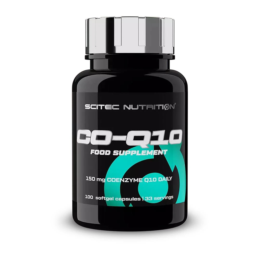 Scitec Nutrition CO-Q10 100 caps kosttillskott i en svart burk med turkosa detaljer och silvrigt lock.