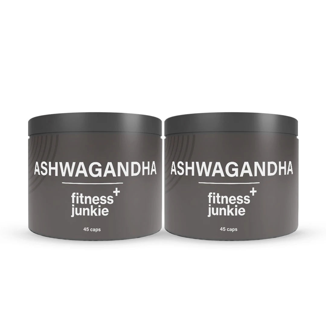 2 x fitnessjunkie Ashwagandha 45 caps kosttillskott i två mörkgrå burkar med vit text.