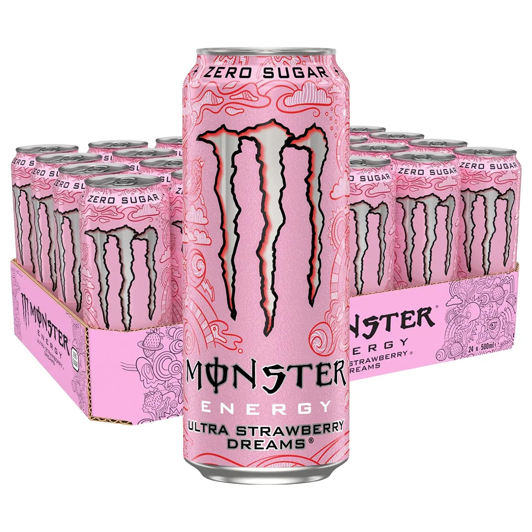 24 x Monster Energy 500 ml Ultra Strawberry Dreams (sockerfri) i ett rosa flak med mönstrade rosa burkar.