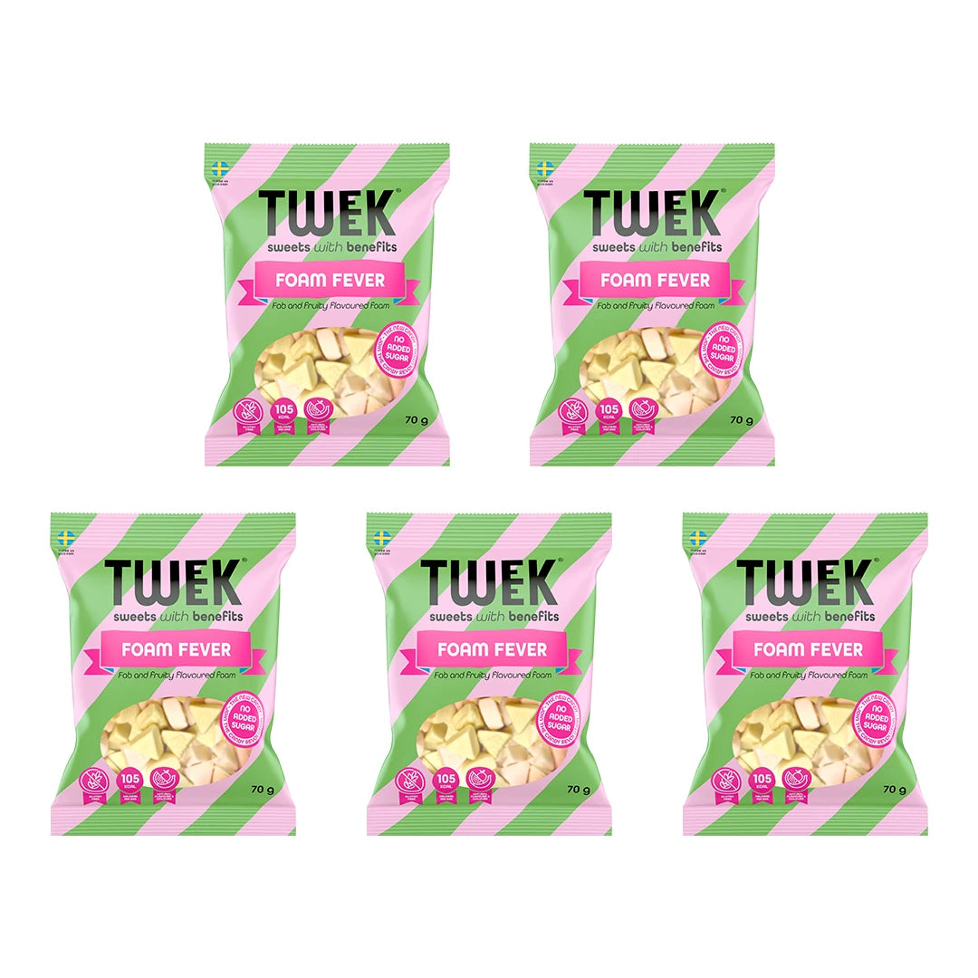 Fem stycken 5 x Tweek Sweets 70 g Foam Fever godispåsar i grönt och rosa med genomskinligt fönster.