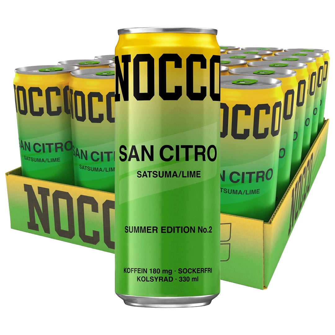 24 x NOCCO BCAA 330 ml San Citro i ett gröngult flak med matchande energidrycksburkar för smaken Satsuma/Lime.