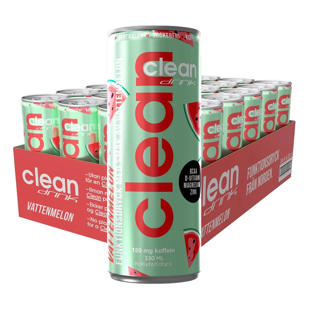 24 x Clean Drink 330 ml Vattenmelon i ett rött flak med ljusgröna energidrycksburkar och vattenmelonmönster.