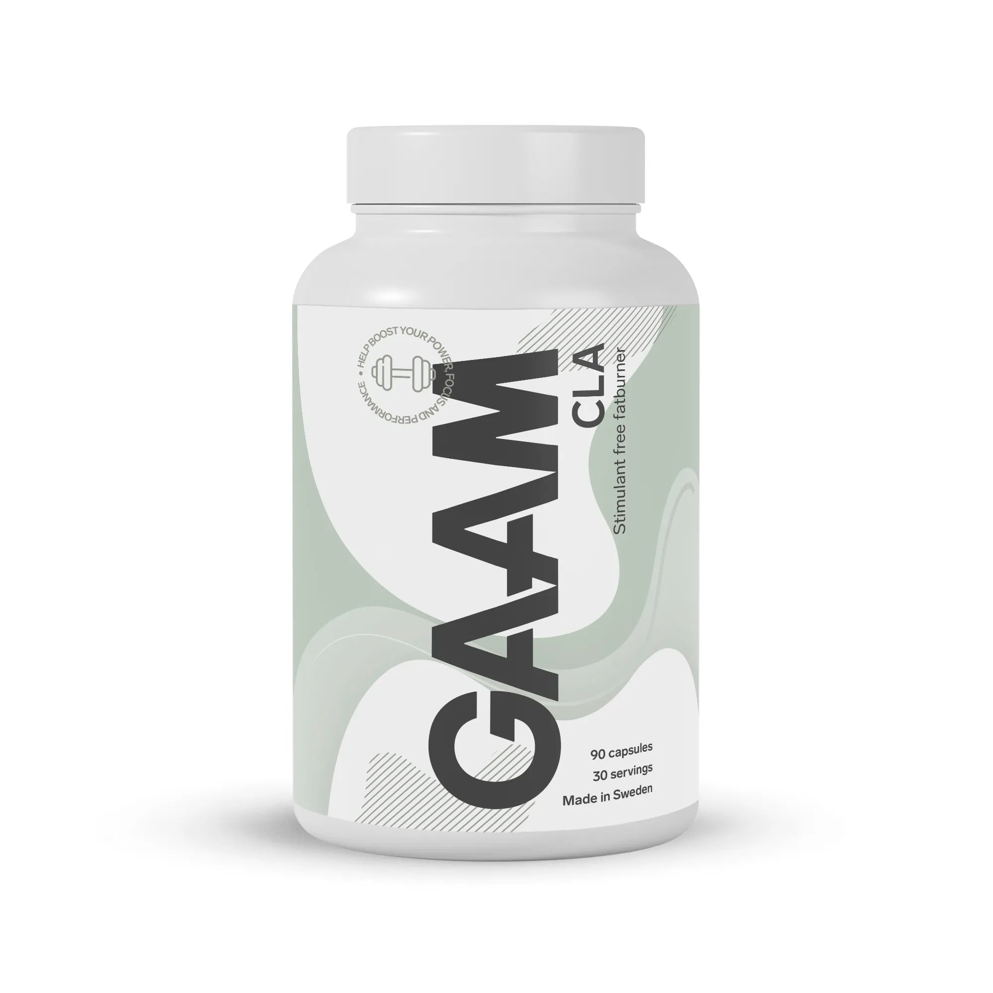GAAM CLA 90 caps fettförbrännare i kapselform förpackad i en vit plastburk med ljusgröna detaljer.