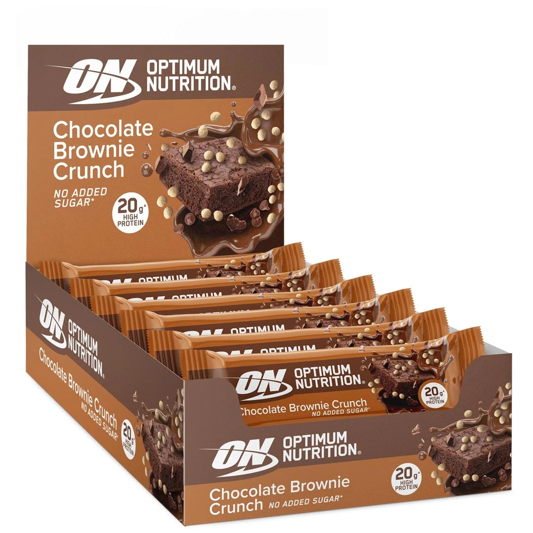 10 x Optimum Nutrition Protein Bar 65 g Chocolate Brownie Crunch i en brun kartong med matchande proteinbars.