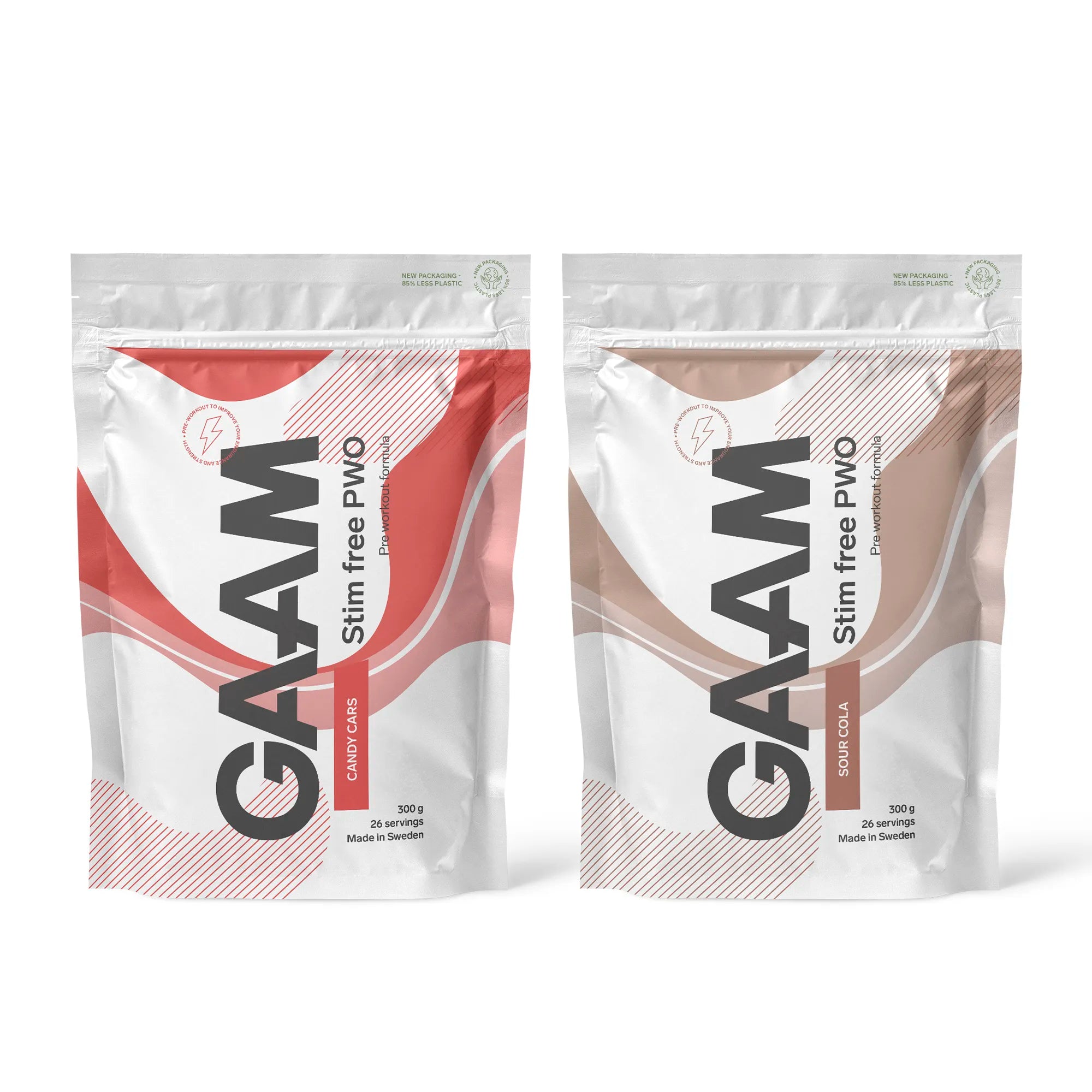 2 x GAAM Stim Free PWO 300 g i två vita påsar med rött och brunt mönster för smakerna Candy Cars och Sour Cola.