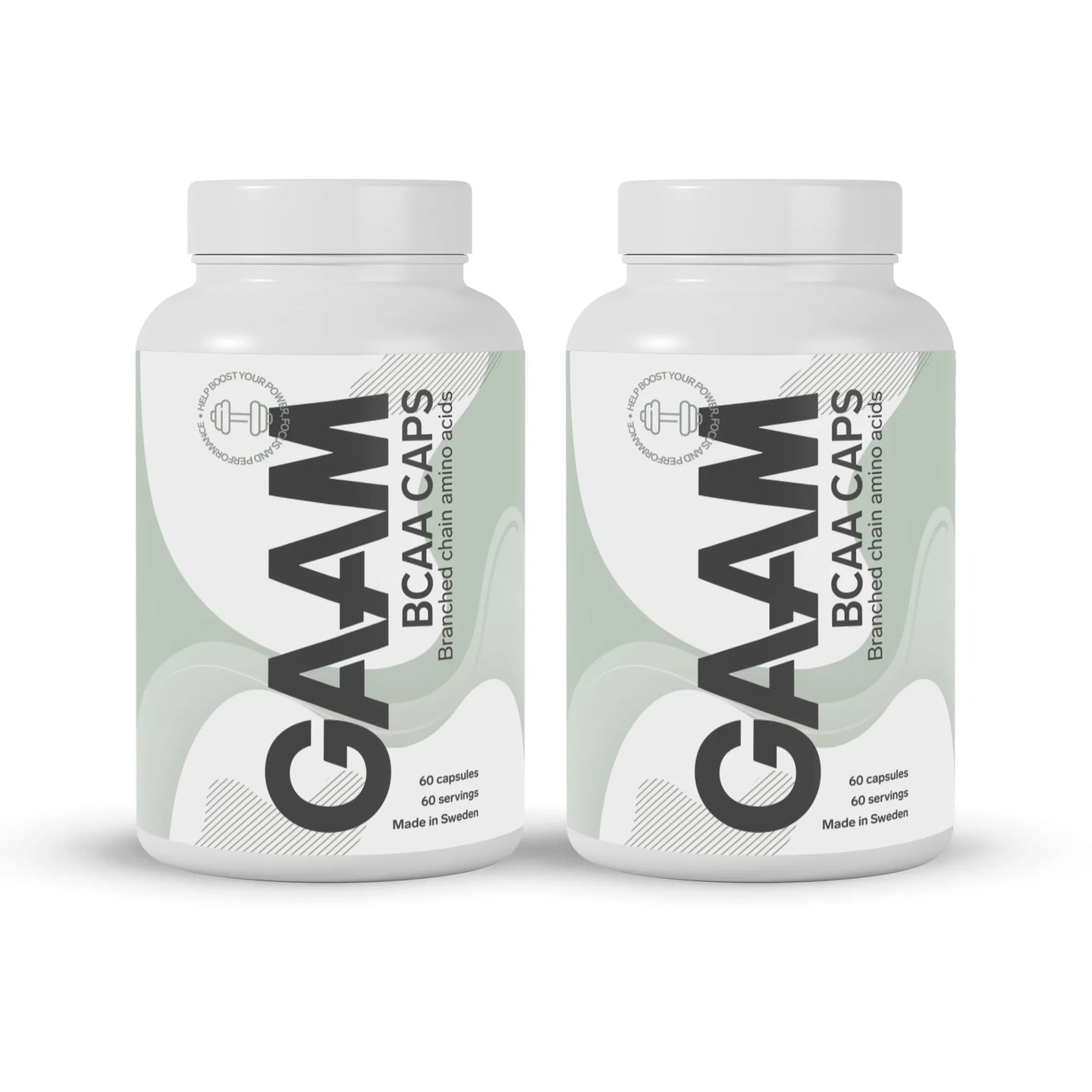 2 x GAAM BCAA 60 caps i två vita burkar med ljusgrönt mönster och svart text på etiketterna.