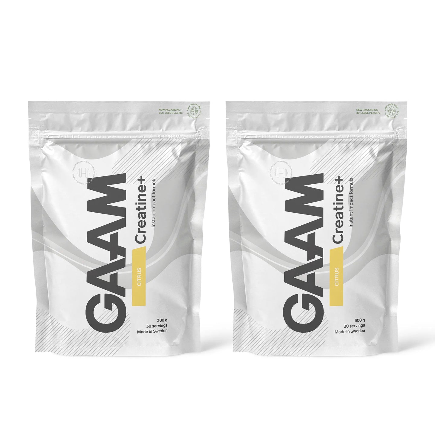 2 x GAAM Creatine+ 300 g i vita påsar med mörkgrå text och gula detaljer för smaken Citrus.