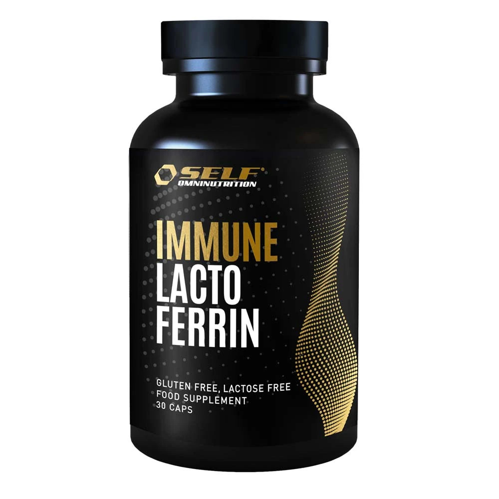 Self Omninutrition Immune Lactoferrin 30 caps kosttillskott i en svart burk med vit och guldig text.