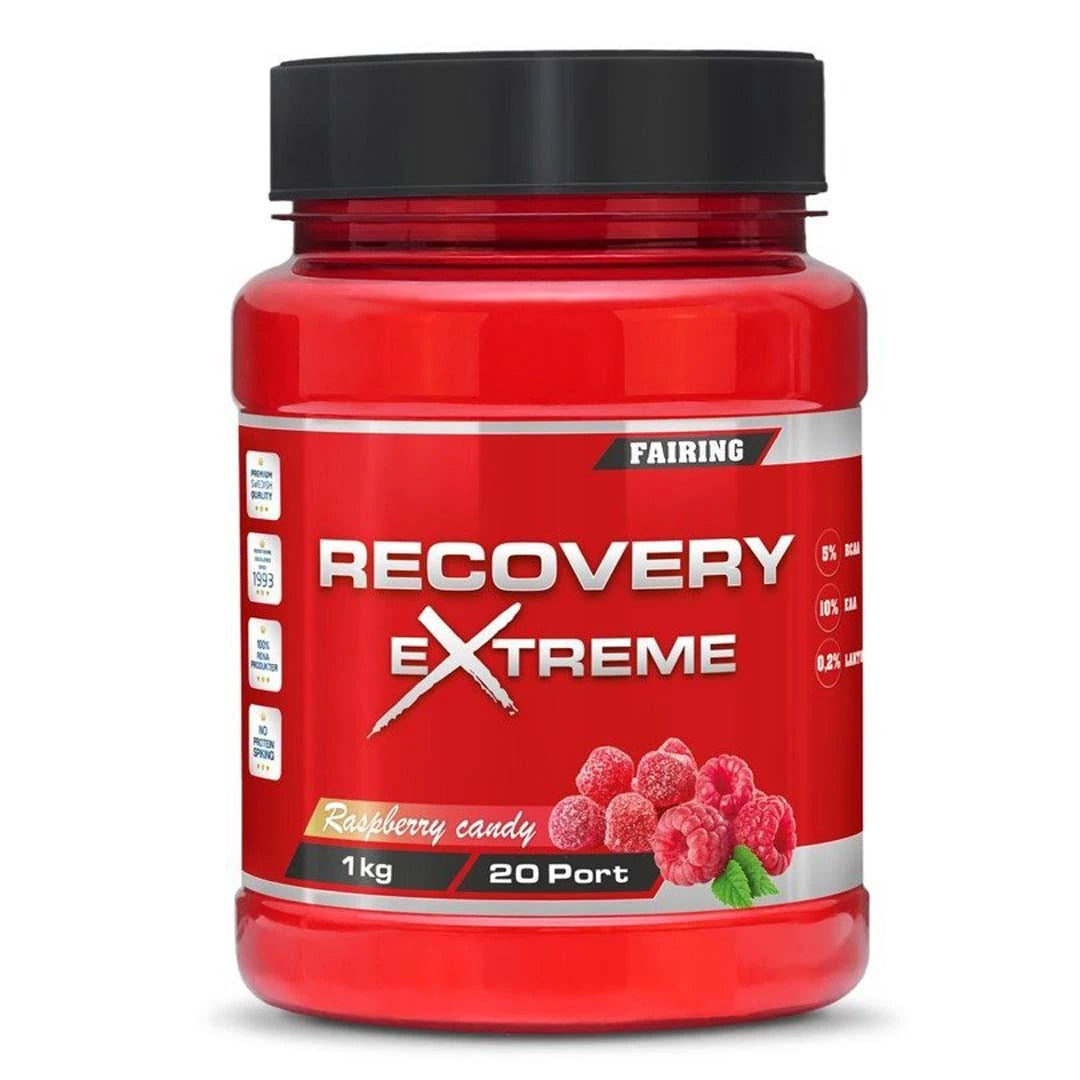 Fairing Recovery Extreme 1 kg återhämtningsdryck i en röd burk med svart lock och smaken Raspberry Candy.