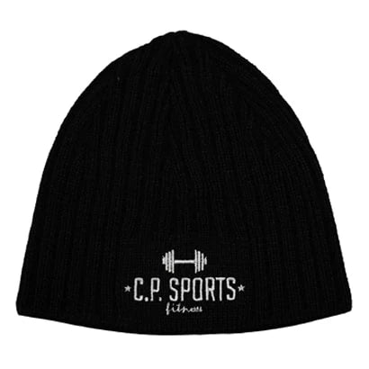 C.P. Sports Beanie White är en svart ribbstickad mössa med vit broderad logotyp framtill.