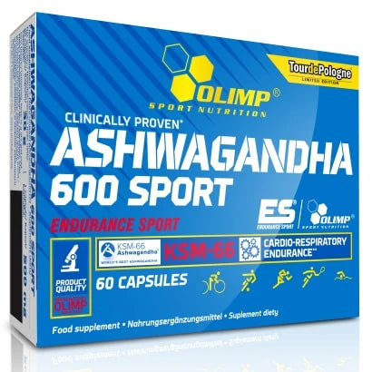 Olimp Ashwagandha 600 Sport Edition 60 caps i en stilren blå kartong med vit och gul text.