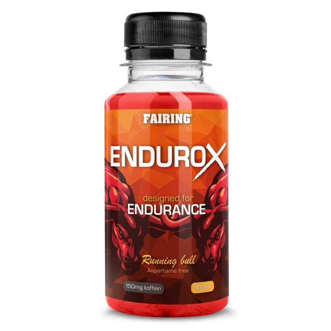 Fairing Endurox 60 ml drickfärdig PWO-shot i en liten plastflaska med röd, orange och svart etikett.
