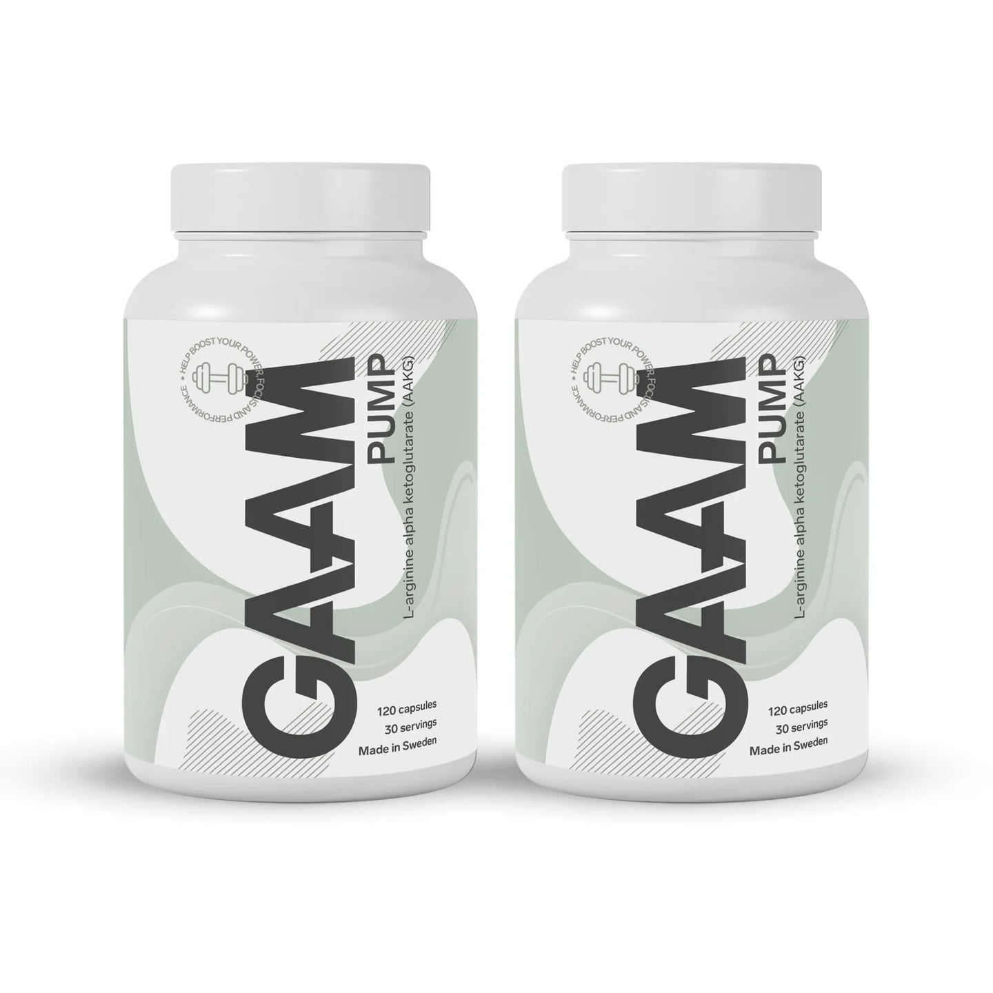 GAAM PUMP 240 caps i två vita burkar med ljusgröna och svarta detaljer för prestation.
