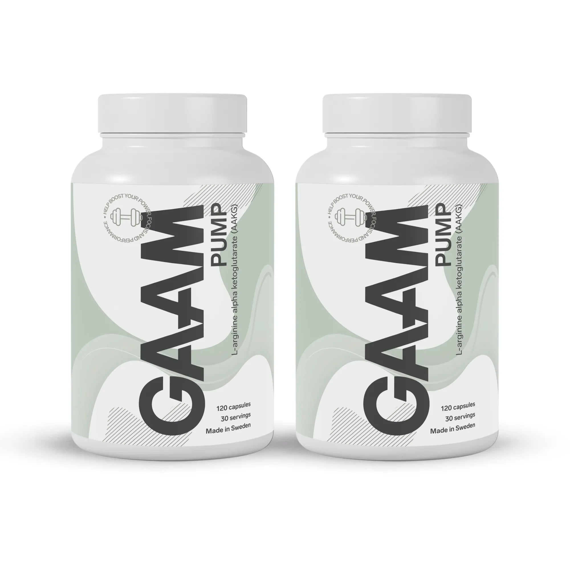 GAAM PUMP 240 caps i två vita burkar med ljusgröna och svarta detaljer för prestation.