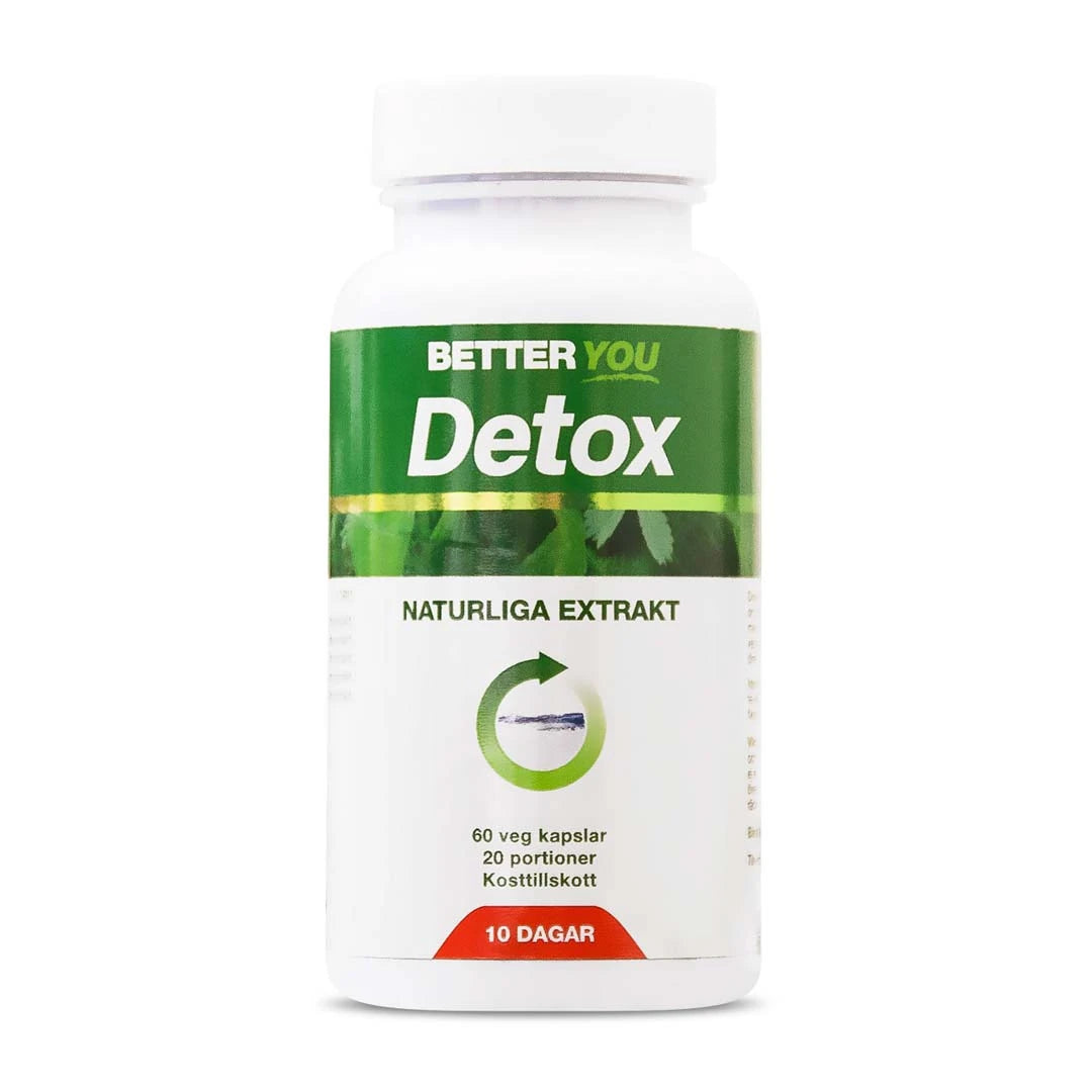 Better You Detox 60 caps i en vit burk med grön etikett och texten naturliga extrakt för en 10 dagars reningskur.